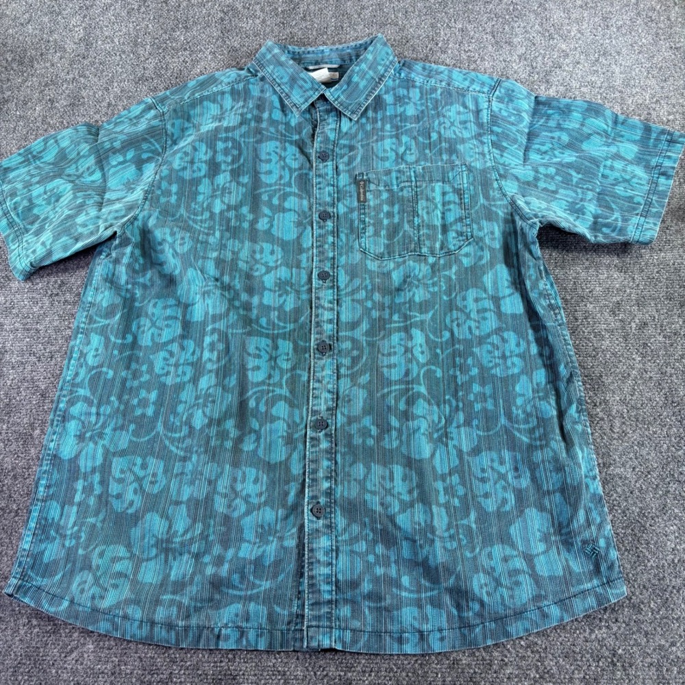 Columbia Button Up Shirt Mens L Teal Blue Floral Hibiscus AM7955 Short Sleeve